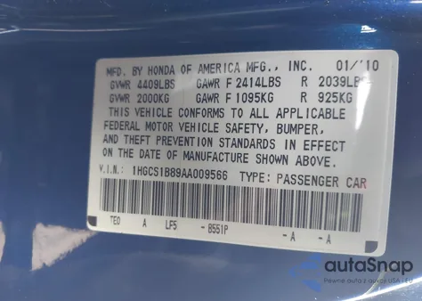 2010 Honda Accord 2.4 Ex-L из США, поврежденный, VIN 1HGCS1B89AA009566